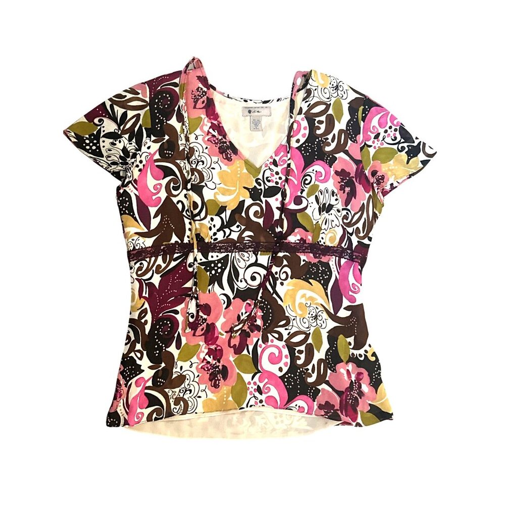 IE Silk Blouse Large Multicolor Floral Swirl Print Boho Y2K Vintage City Chic - Picture 9 of 10